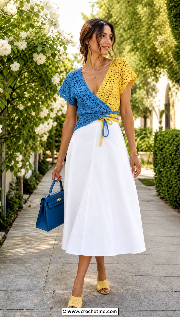 Two Tone Crochet Wrap Top With A Line Midi Skirt - 30 2 Color Crochet Top outfit ideas