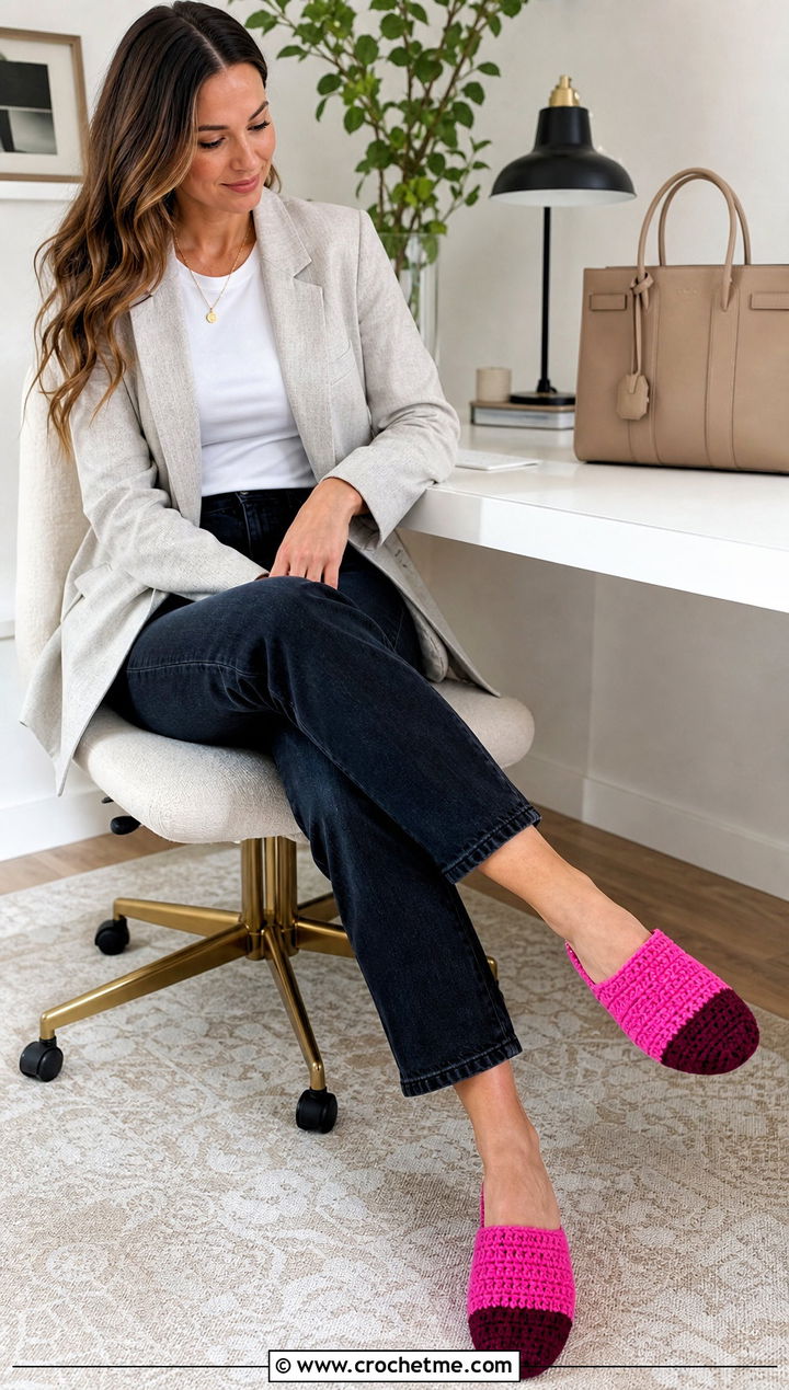 Two Tone Crocheted House Mules With Blazer And Jeans - 25 Easy Crocheted Slippers outfit ideas