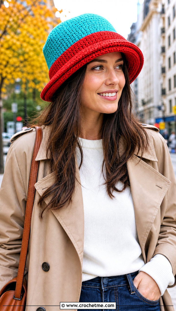 Two Tone Double Brim Crochet Hat With Trench Coat - 20 Double Brim Crochet Hat outfit ideas