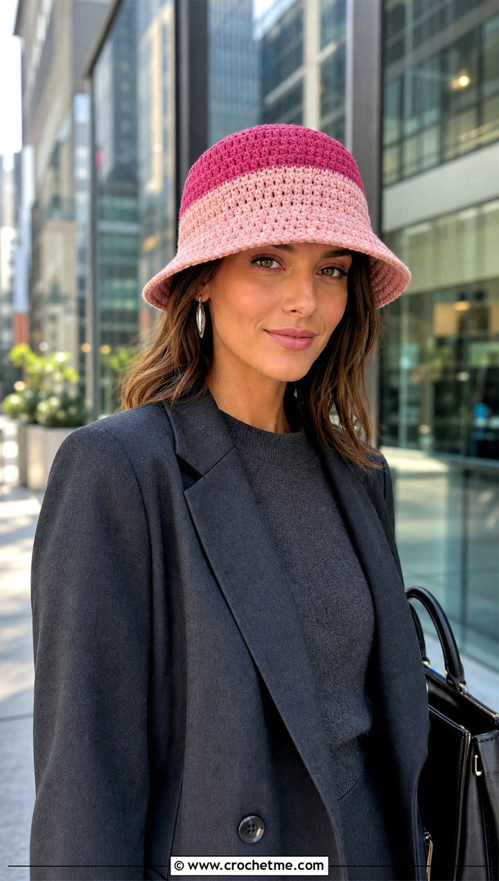 Two Tone Double Crochet Bucket Hat With Monochrome Suit - 25 Double Crochet Bucket Hat outfit ideas