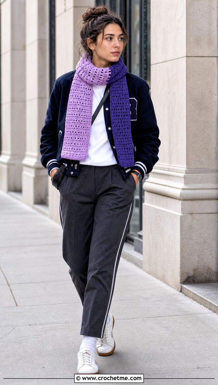 Two Tone Double Crochet Scarf With Varsity Jacket And Track Pants - 35 double crochet scarf outfit ideas
