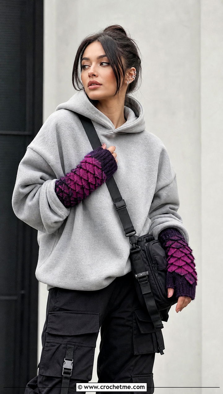 Two Tone Dragonscale Gloves With Hoodie and Cargo Pants - 15 Dragonscale Crochet Gloves outfit ideas