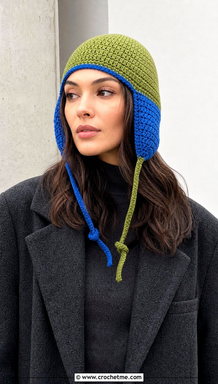 Two Tone Ear Flap Beanie With Monochrome Outfit - 30 crochet ear flap beanie outfit ideas