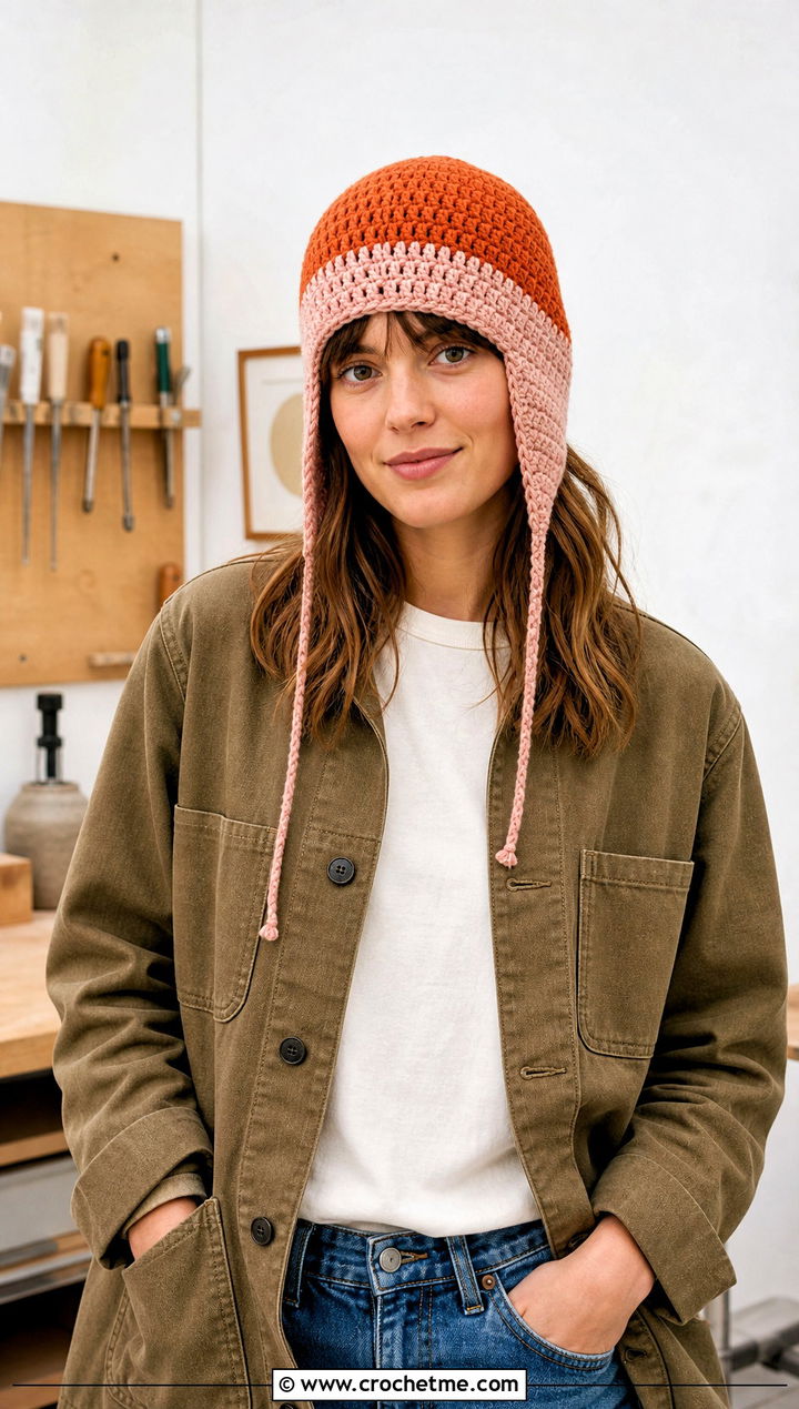 Two Tone Earflap Crochet Beanie With Workwear Jacket - 25 Earflap Crochet Beanie outfit ideas