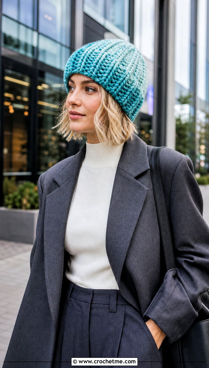 Two Tone Elsa Beanie With Blazer And Trousers - 15 Crochet Elsa Beanie outfit ideas