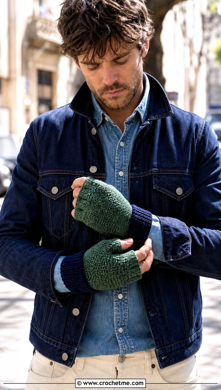 Two Tone Fingerless Gloves With Denim Shirt - 25 Crochet Mens Fingerless Gloves outfit ideas