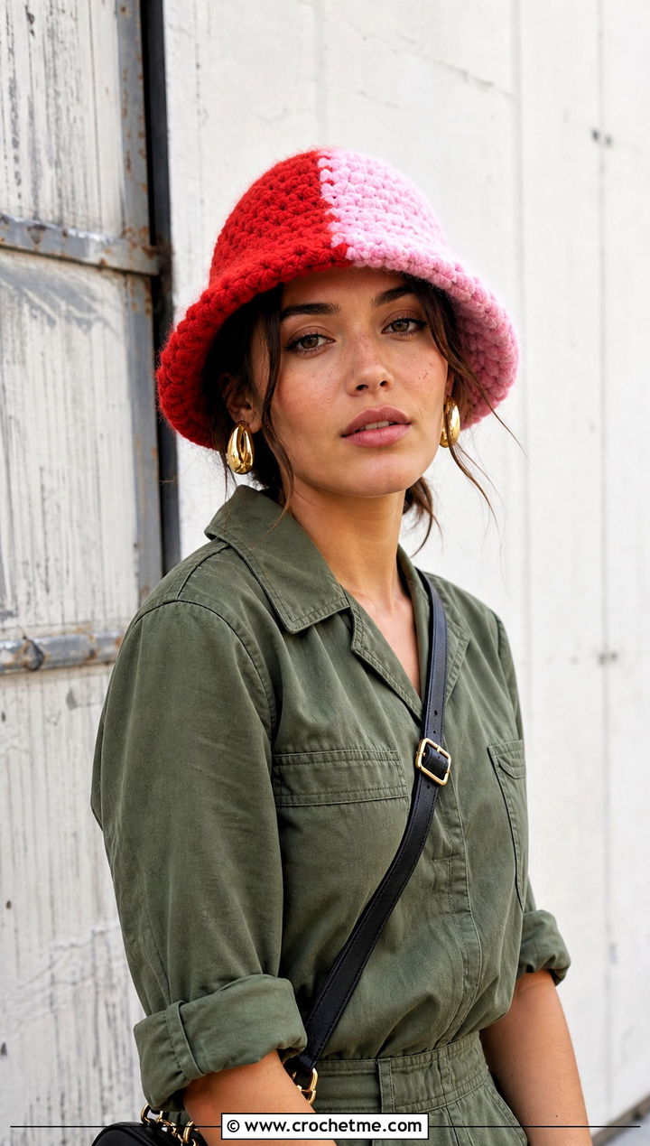 Two Tone Fuzzy Crochet Bucket Hat With Utility Jumpsuit - 25 fuzzy crochet bucket hat outfit ideas