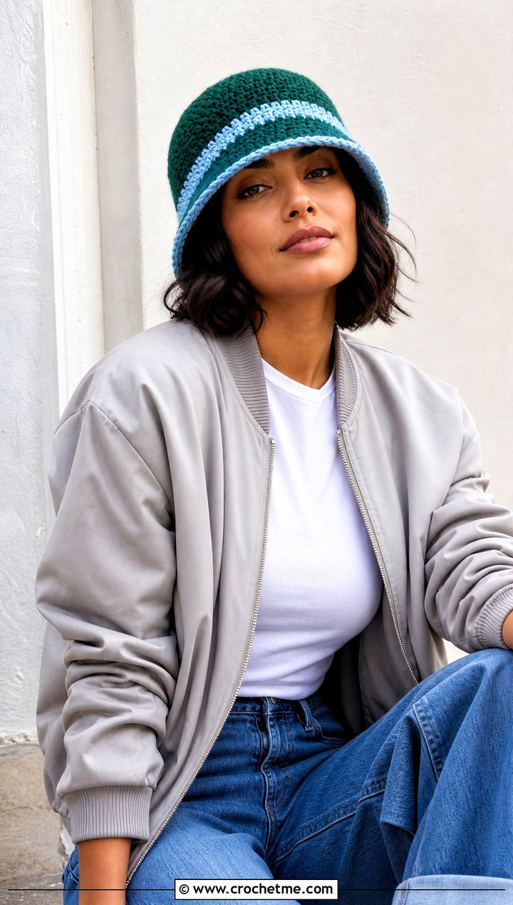 Two Tone Gatsby Crochet Hat With Bomber And Wide Leg Jeans - 15 Gatsby Crochet Hat outfit ideas