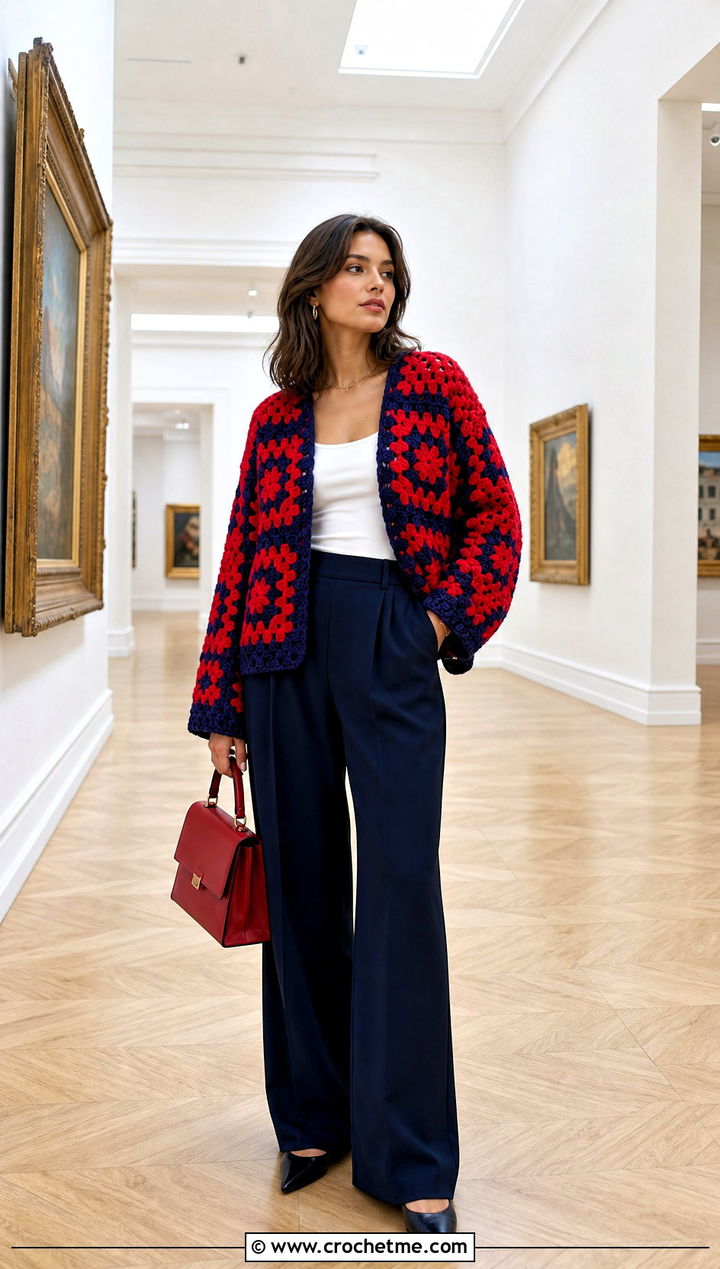Two Tone Giant Granny Square Cardigan With Wide Leg Trousers - 35 giant granny square cardigan outfit ideas