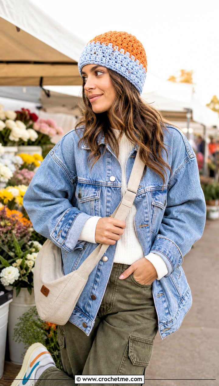 Two Tone Glacier Crochet Beanie With Denim Jacket - 15 Glacier Crochet Beanie outfit ideas