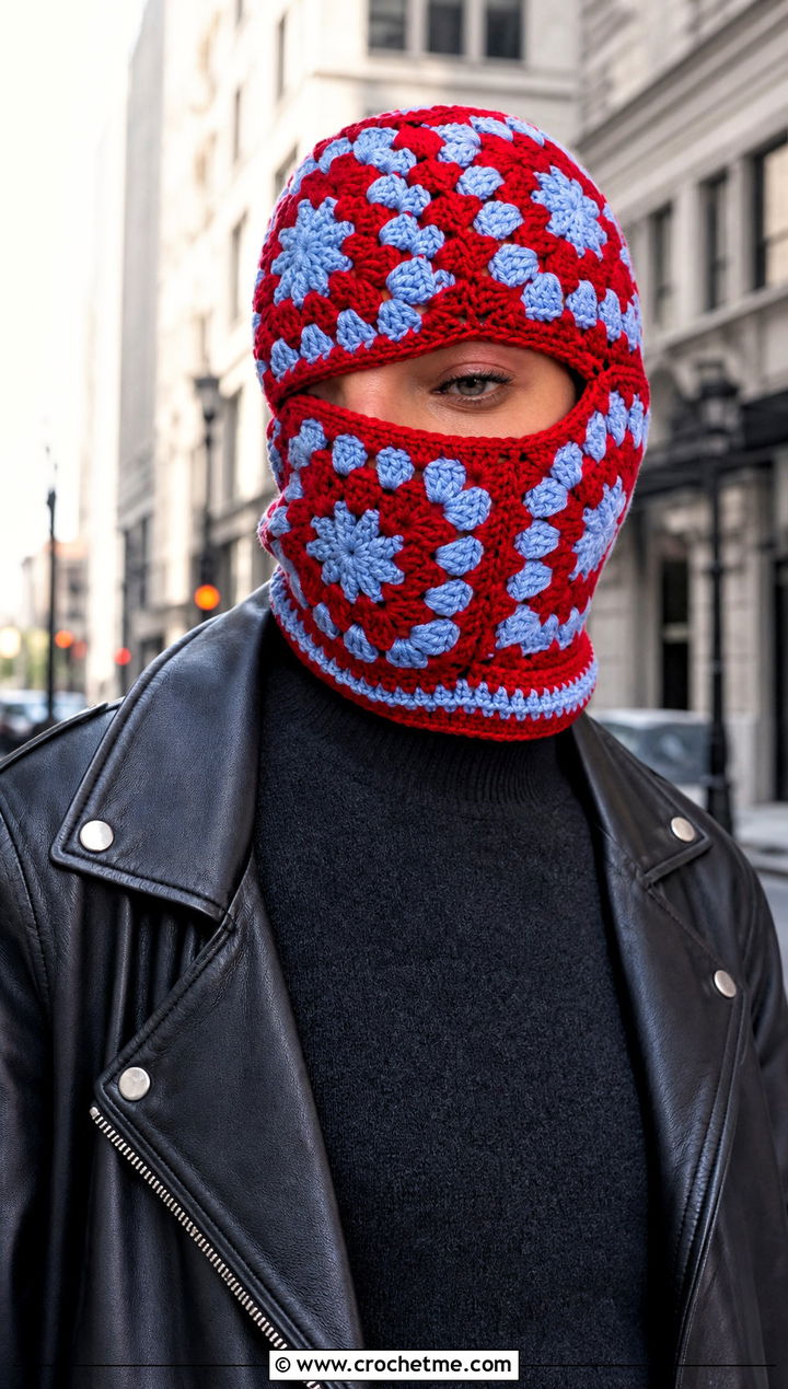 Two Tone Granny Square Balaclava With Moto Jacket - 30 crochet granny square balaclava outfit ideas