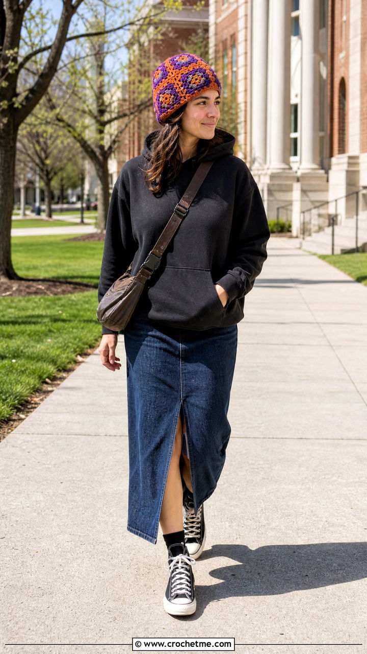 Two Tone Granny Square Beanie With Hoodie And Denim Skirt - 35 granny square hat outfit ideas