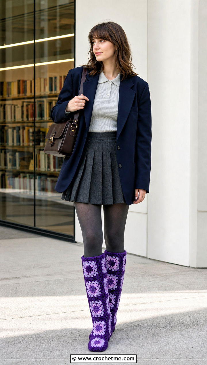 Two Tone Granny Square Boots With A Pleated Mini Skirt - 25 granny square boots outfit ideas