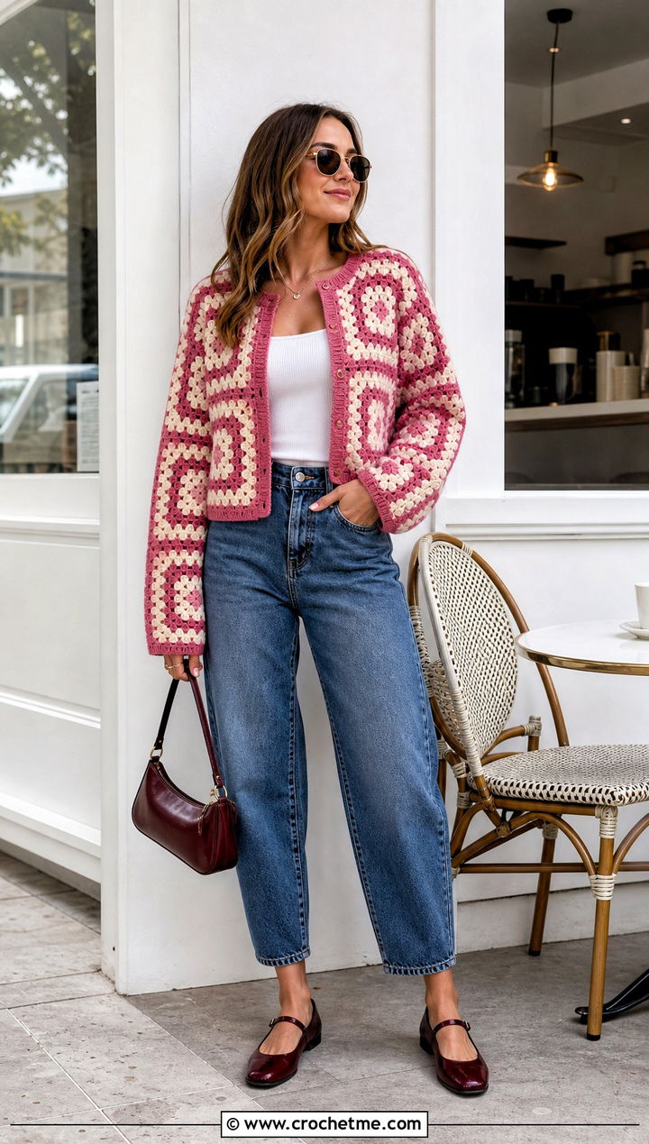 Two Tone Granny Square Cardigan With Barrel Jeans - 20 Grant Square Crochet Cardigan outfit ideas