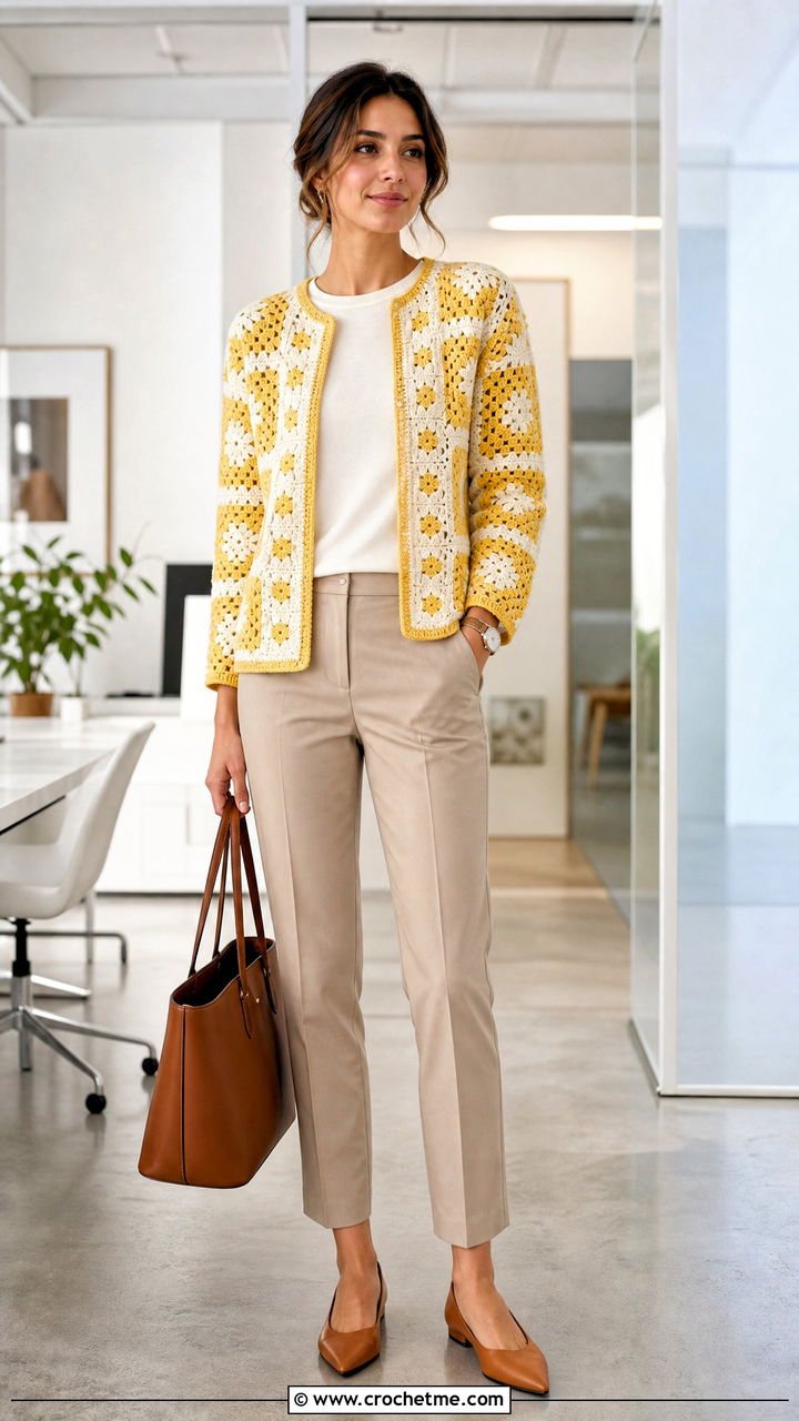 Two Tone Granny Square Cardigan With Office Trousers - 35 crochet granny square cardigan outfit ideas