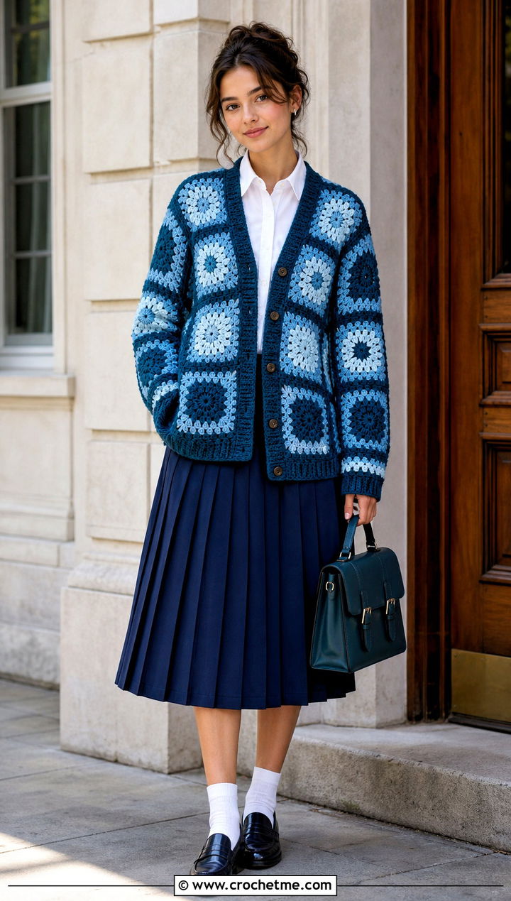 Two Tone Granny Square Cardigan With Pleated Skirt - 25 Two Granny Square Cardigan outfit ideas