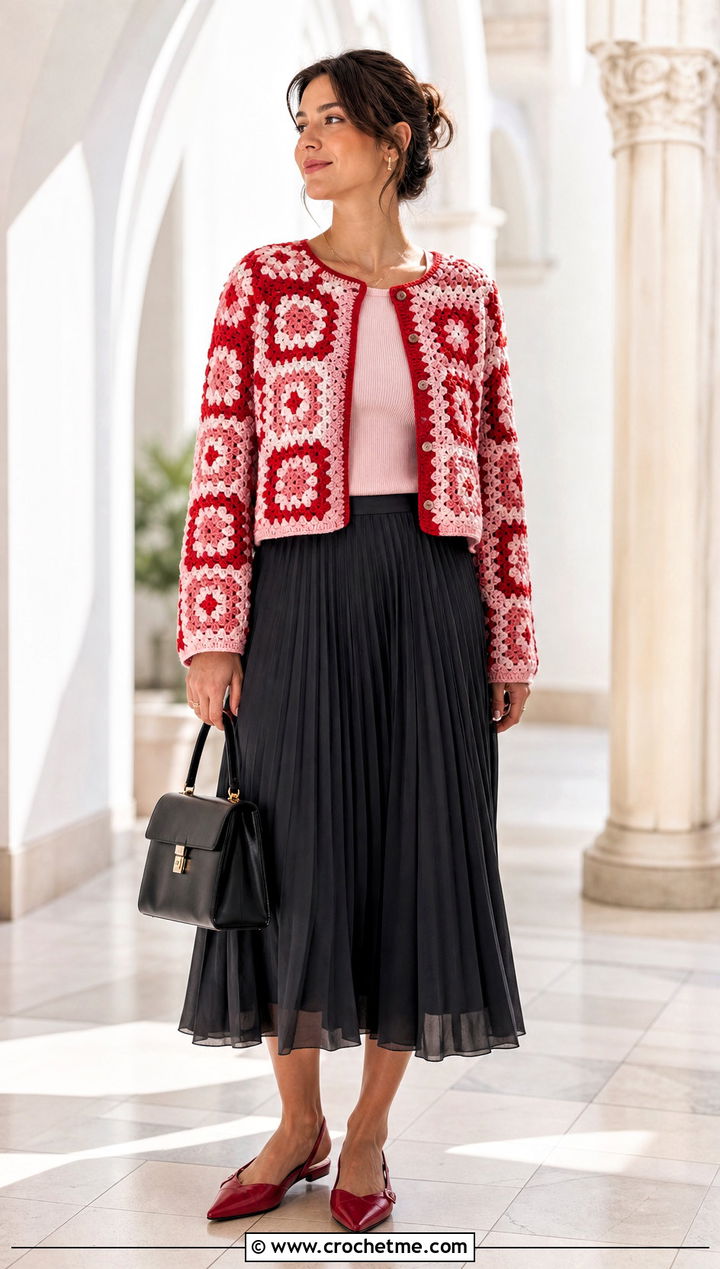 Two Tone Granny Square Cardigan With Pleated Skirt - 25 For Granny Square Cardigan outfit ideas