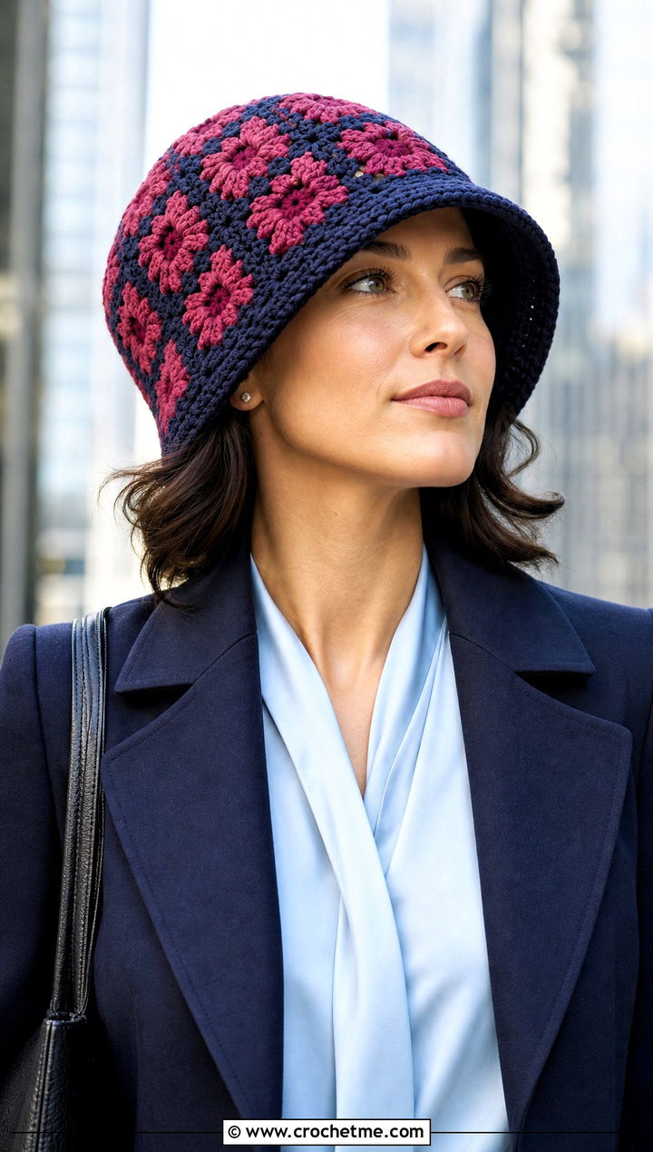 Two Tone Granny Square Cloche Hat With Pencil Skirt - 25 Easy Crochet Granny Square Hats outfit ideas