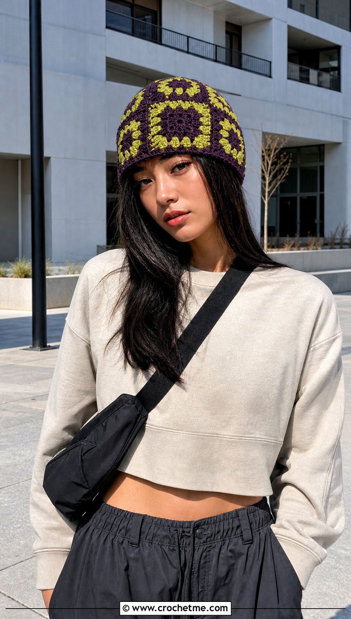 Two Tone Granny Square Crochet Beanie With Sweatshirt And Parachute Pants - 30 granny square crochet beanie outfit ideas