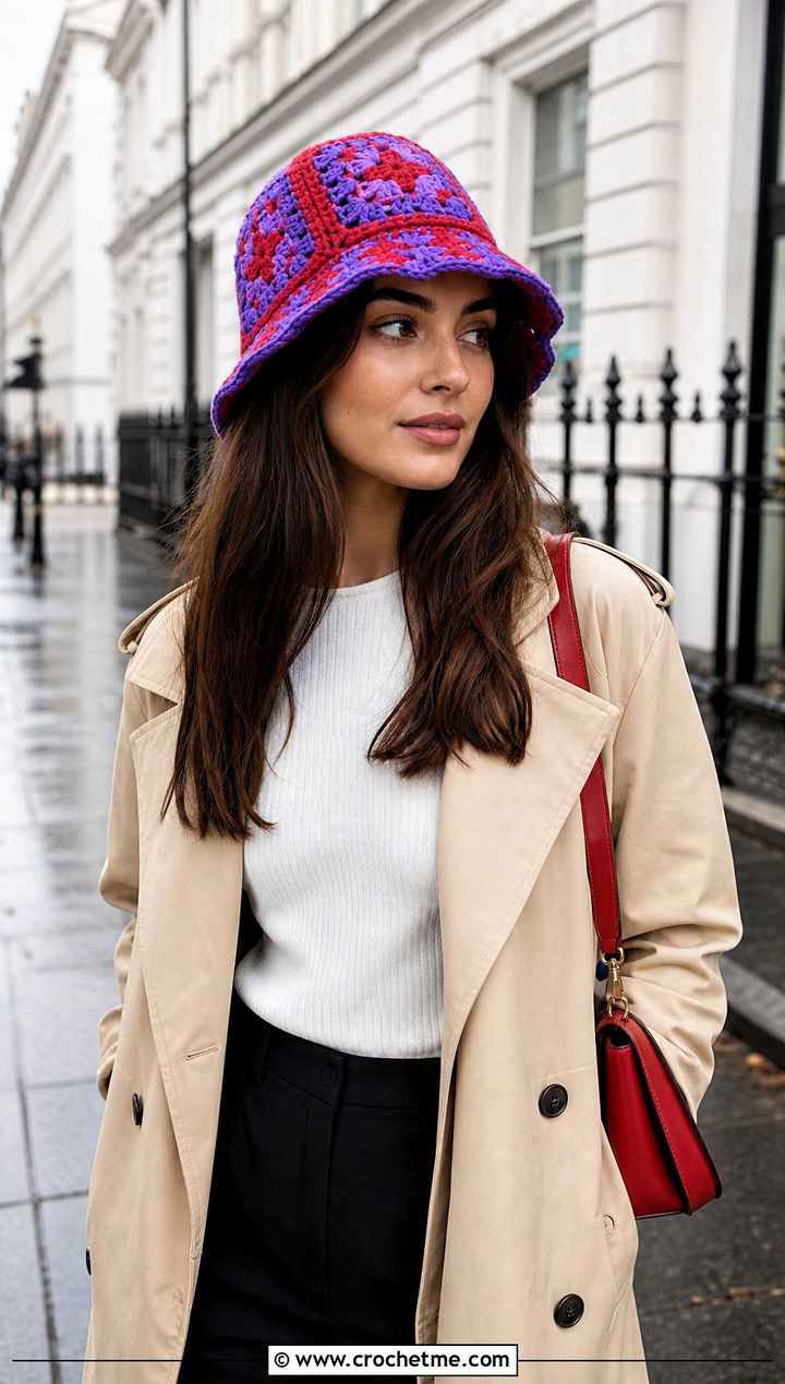 Two Tone Granny Square Crochet Bucket Hat With Trench Coat - 35 granny square crochet bucket hat outfit ideas