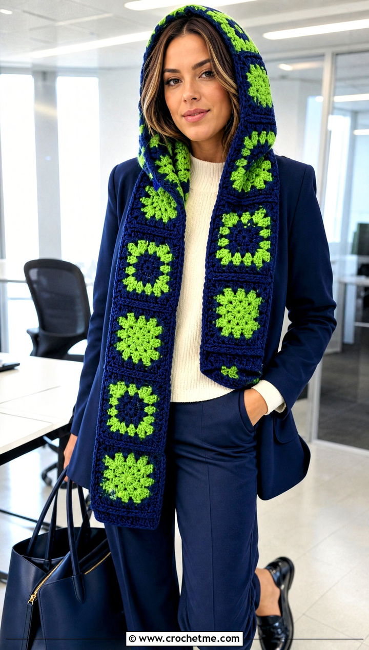 Two Tone Granny Square Crochet Hooded Scarf With Blazer - 30 Granny Square Crochet Hooded Scarf outfit ideas