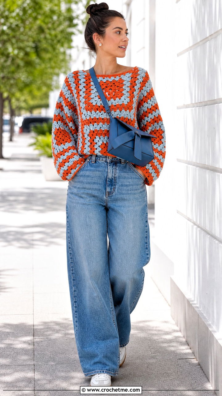Two Tone Granny Square Crochet Sweater With Barrel Jeans - 35 granny square crochet sweater outfit ideas
