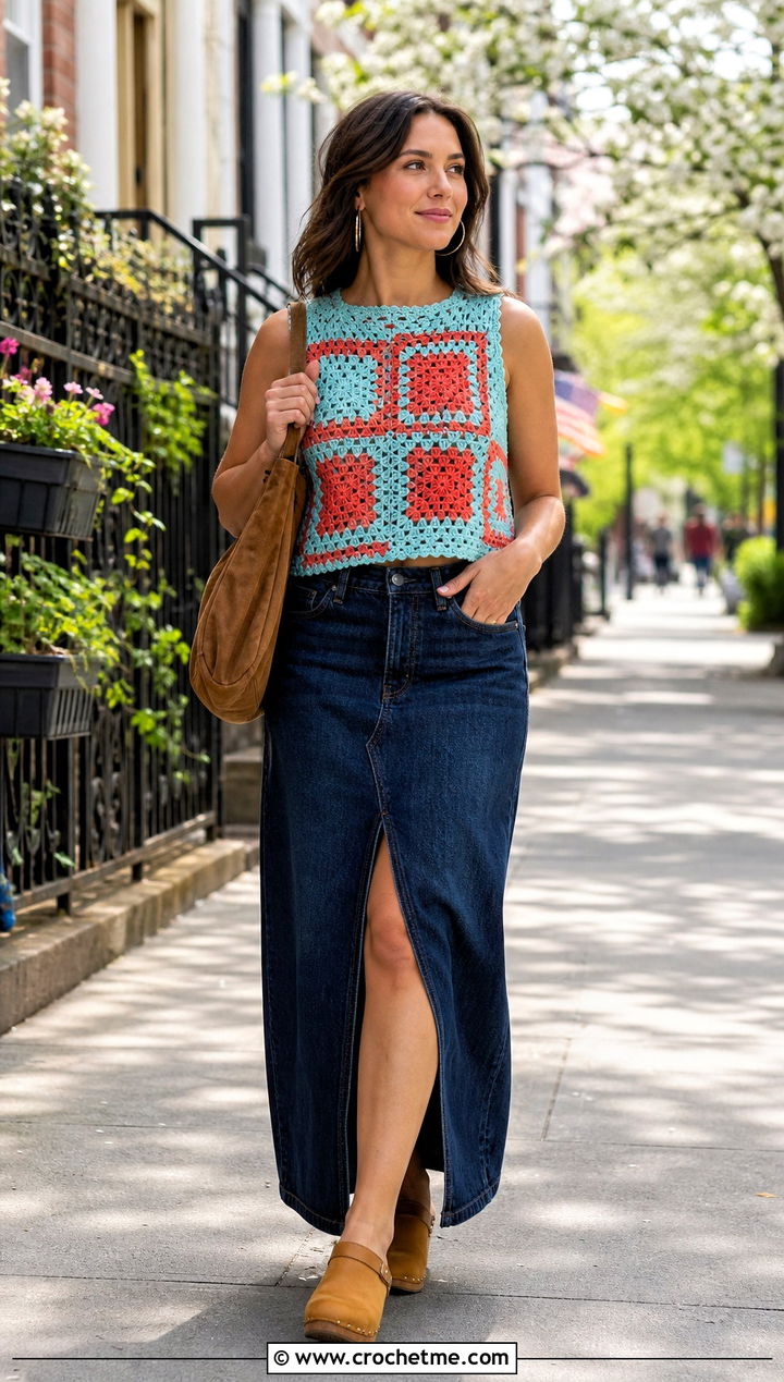 Two Tone Granny Square Crochet Top With Denim Maxi Skirt - 25 Two Toned Crochet Top outfit ideas