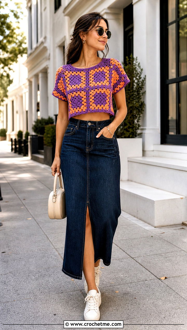 Two Tone Granny Square Crochet Top With Denim Skirt - 25 Crochet Two Tone Top outfit ideas
