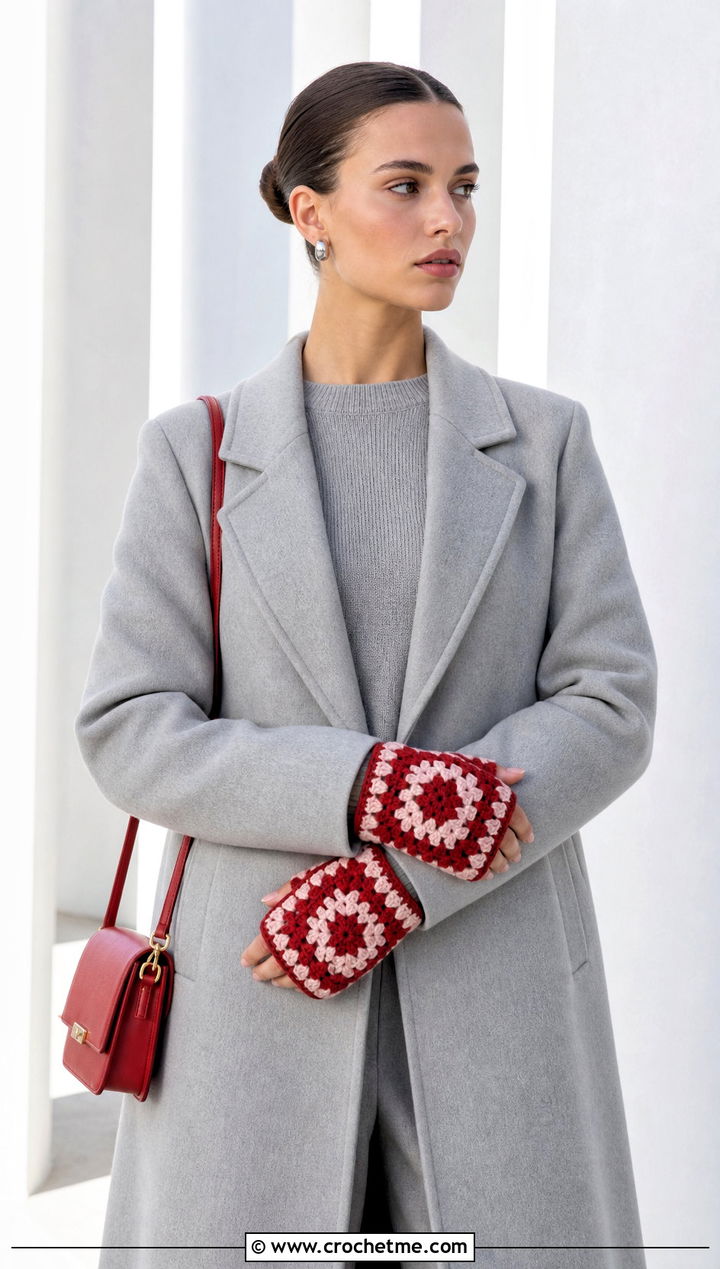 Two Tone Granny Square Gloves With Monochrome Outfit - 20 Fingerless Granny Square Gloves outfit ideas