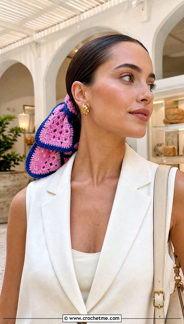 Two Tone Granny Square Hair Scarf With Vest And Tailored Shorts - 25 granny square hair scarf outfit ideas