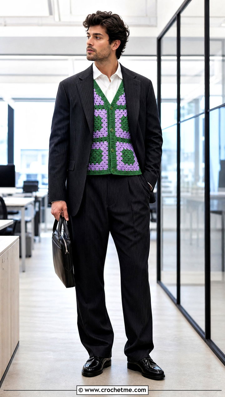 Two Tone Granny Square Mens Vest With Pinstripe Suit - 25 crochet granny square mens vest outfit ideas