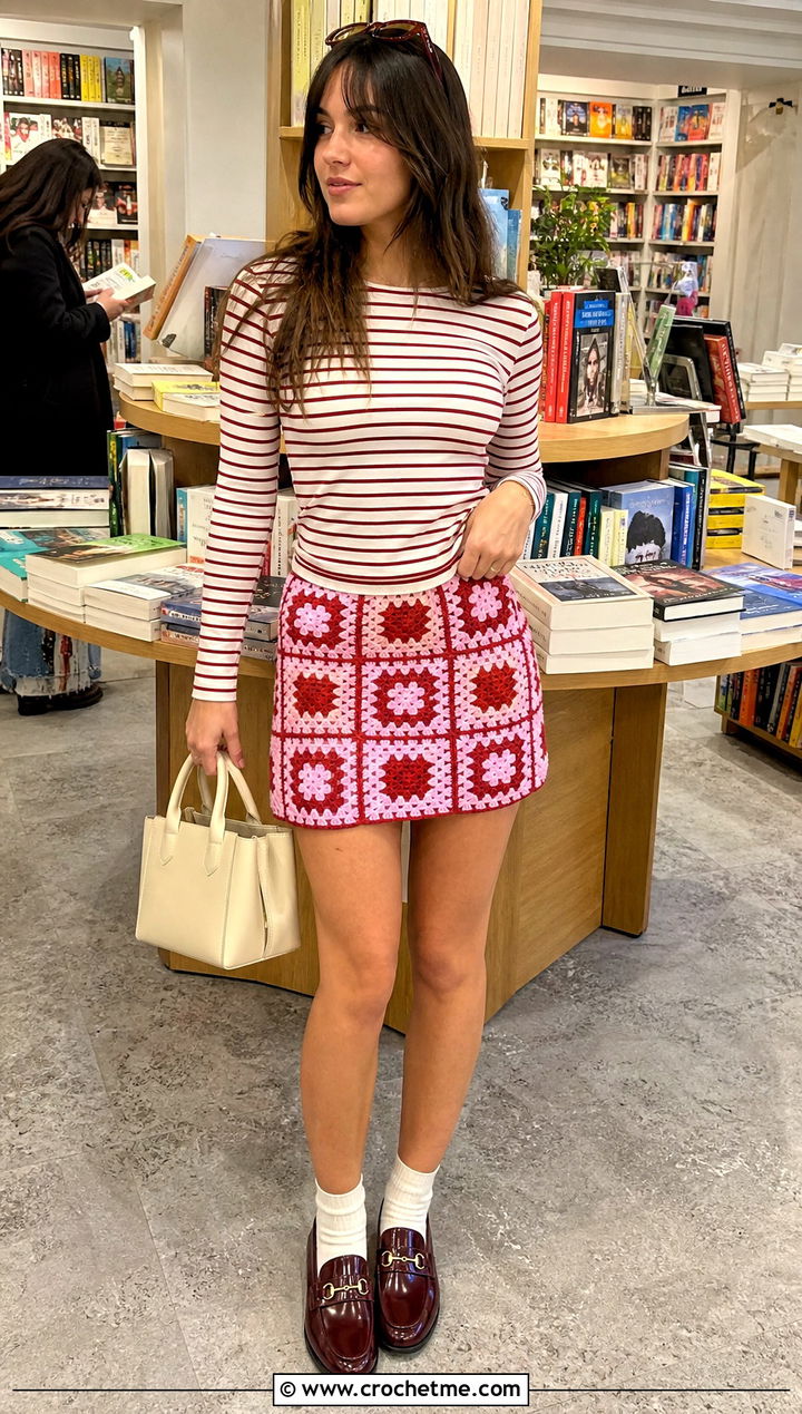 Two Tone Granny Square Mini Skirt With Striped Shirt - 25 Crochet Granny Square Mini Skirt outfit ideas