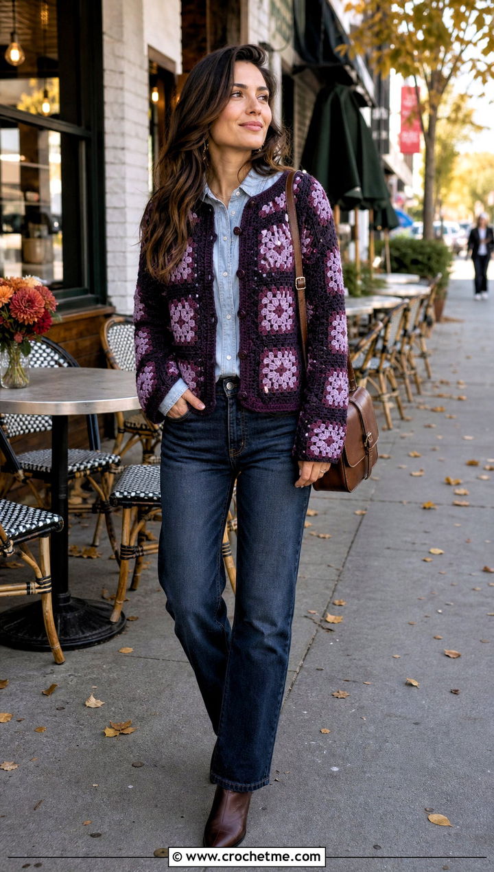 Two Tone Granny Square Patchwork Cardigan With Double Denim - 30 Granny Square Patchwork Cardigan outfit ideas