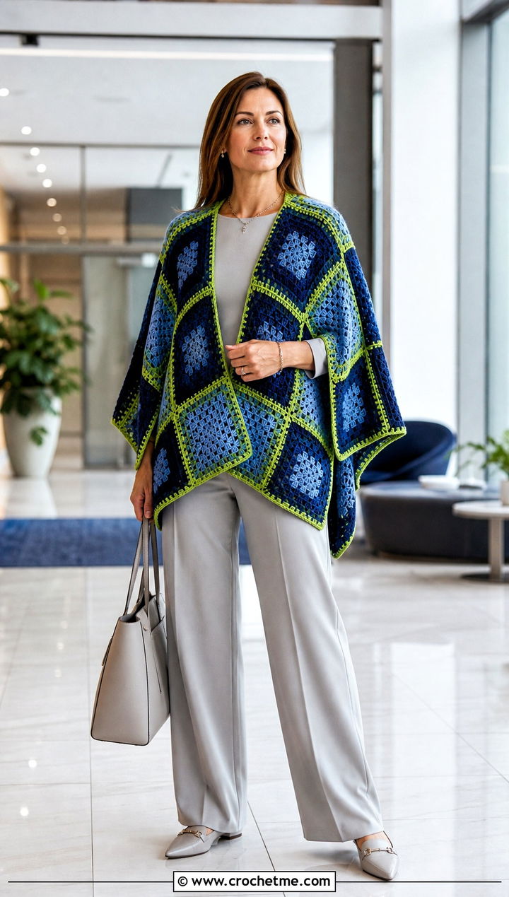 Two Tone Granny Square Poncho With Trouser Suit - 25 Granny Squares Poncho outfit ideas
