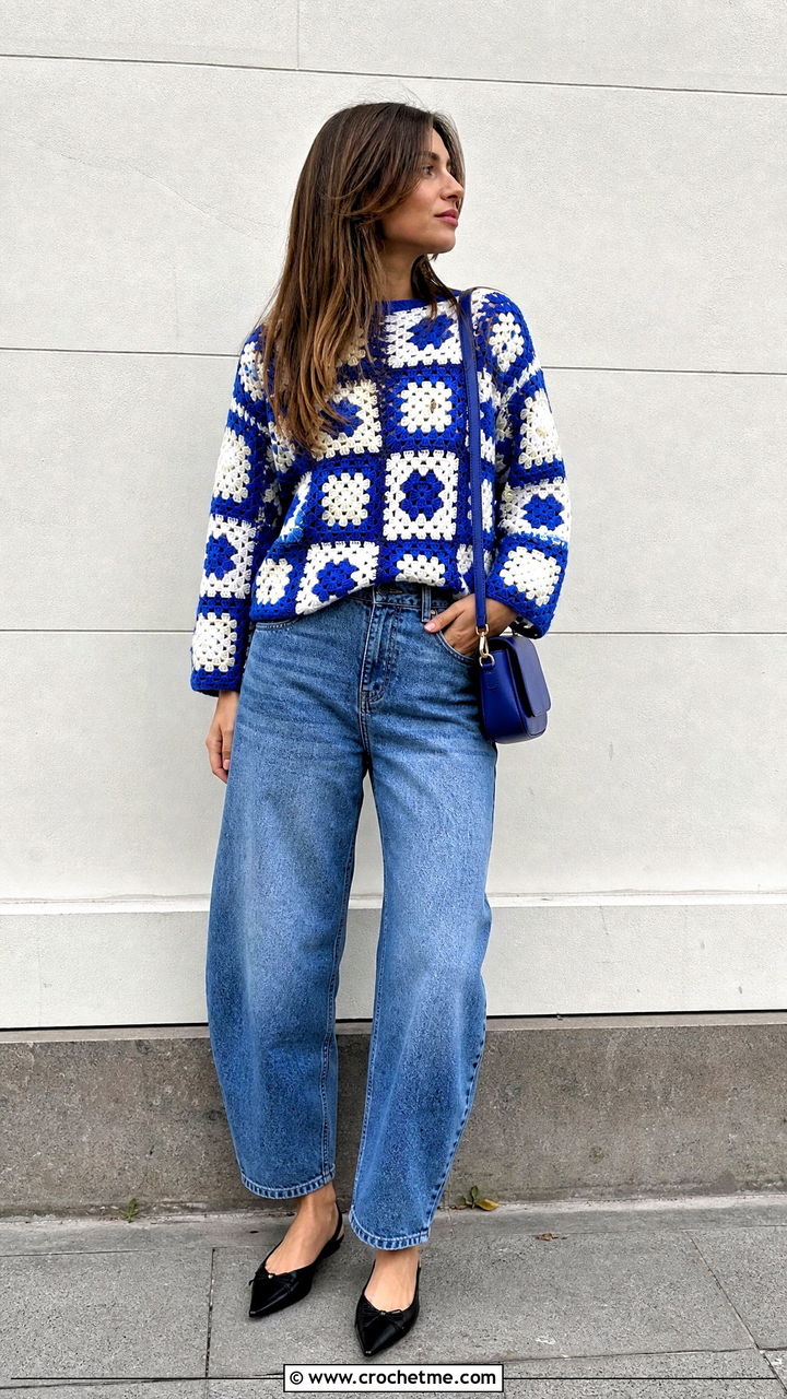 Two Tone Granny Square Pullover With Barrel Jeans - 35 granny square pullover outfit ideas