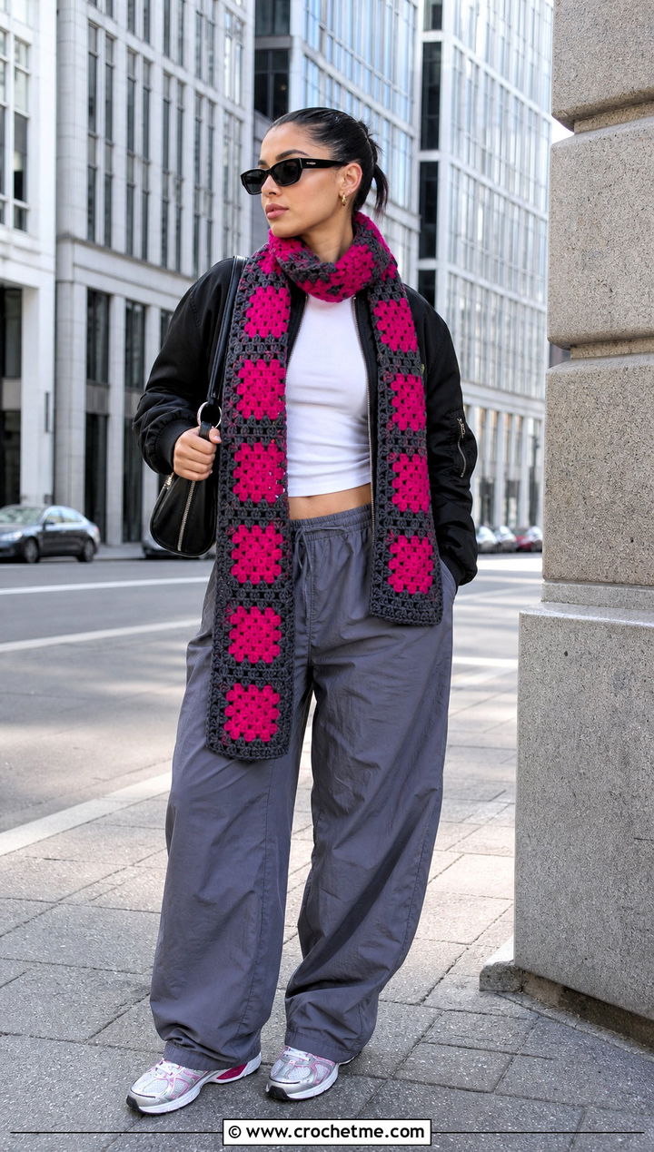 Two Tone Granny Square Scarf With Bomber Jacket And Parachute Pants - 35 granny square crochet scarf outfit ideas
