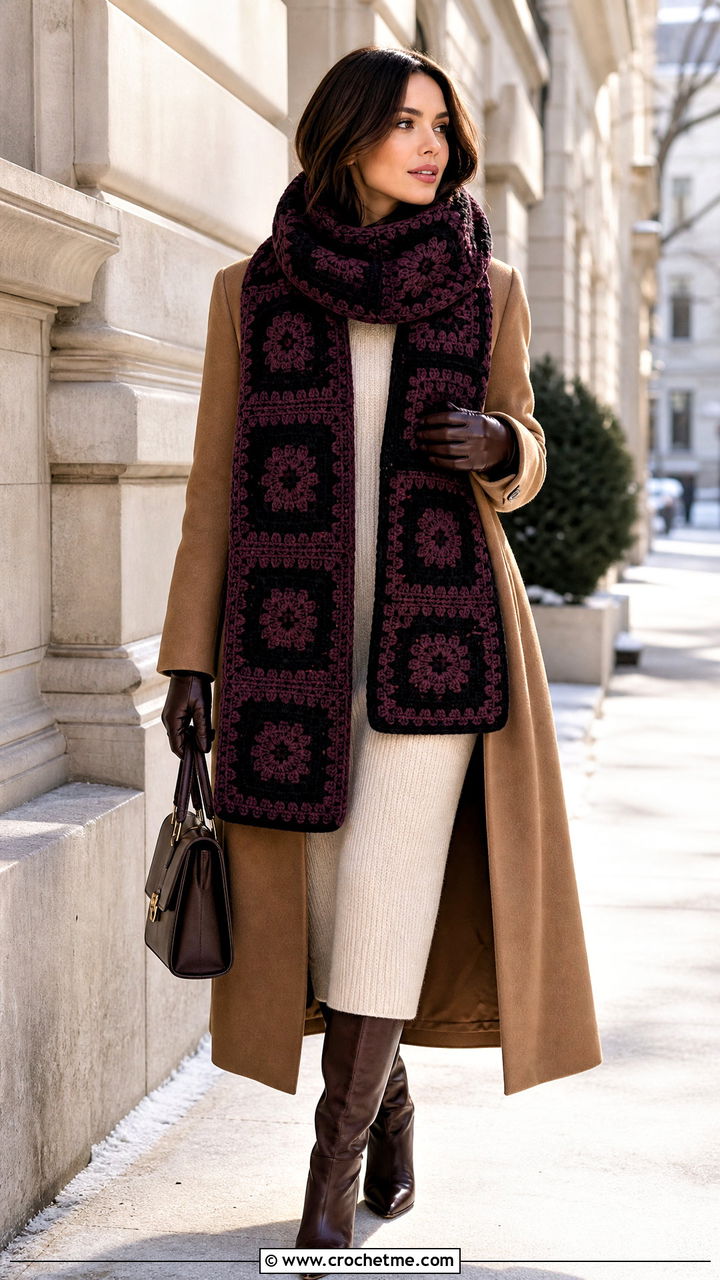 Two Tone Granny Square Scarf With Camel Coat And Knit Dress - 35 granny square scarf outfit ideas