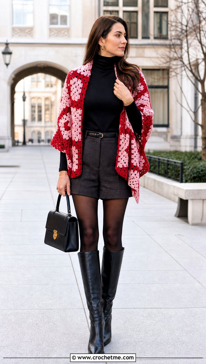 Two Tone Granny Square Shawl With Turtleneck And Tailored Shorts - 35 granny square shawl outfit ideas