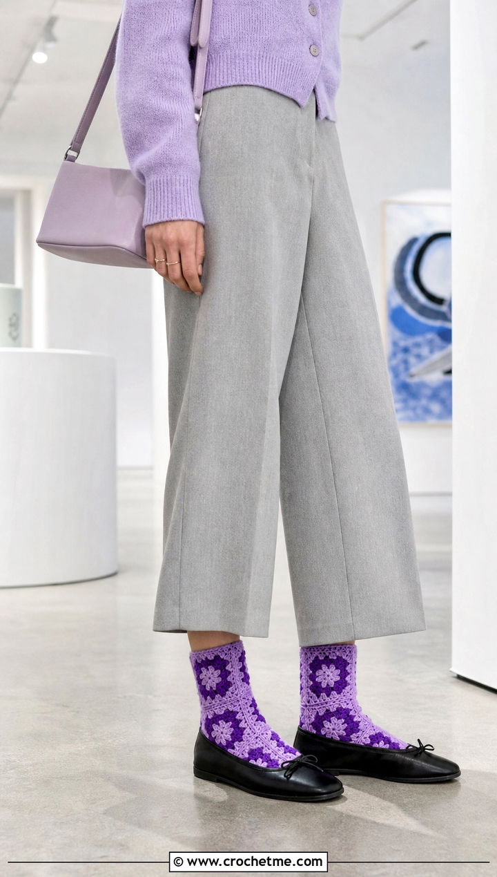 Two Tone Granny Square Socks With Wide Leg Trousers And Ballet Flats - 35 crochet granny square socks outfit ideas