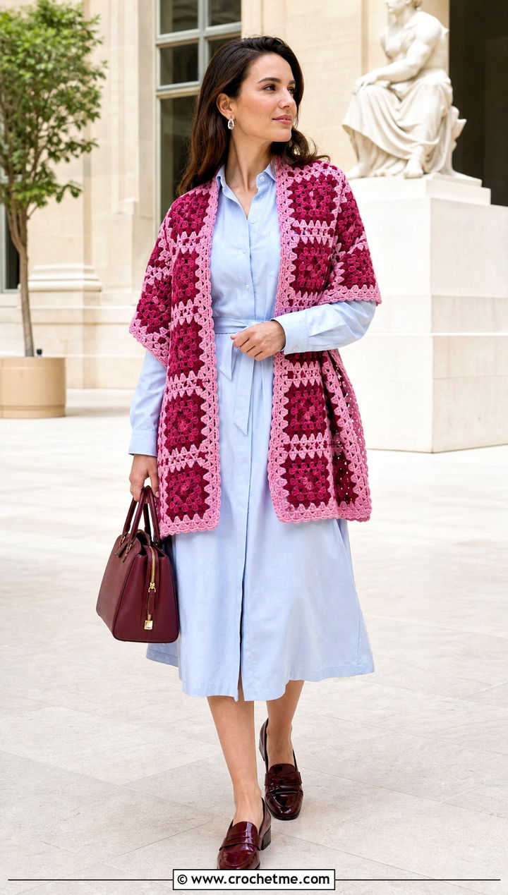 Two Tone Granny Square Stole With Shirt Dress - 30 granny square wrap outfit ideas