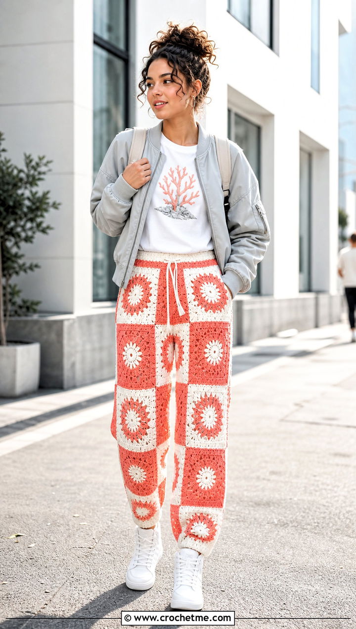 Two Tone Granny Square Trousers With Graphic T Shirt - 35 granny square trousers outfit ideas