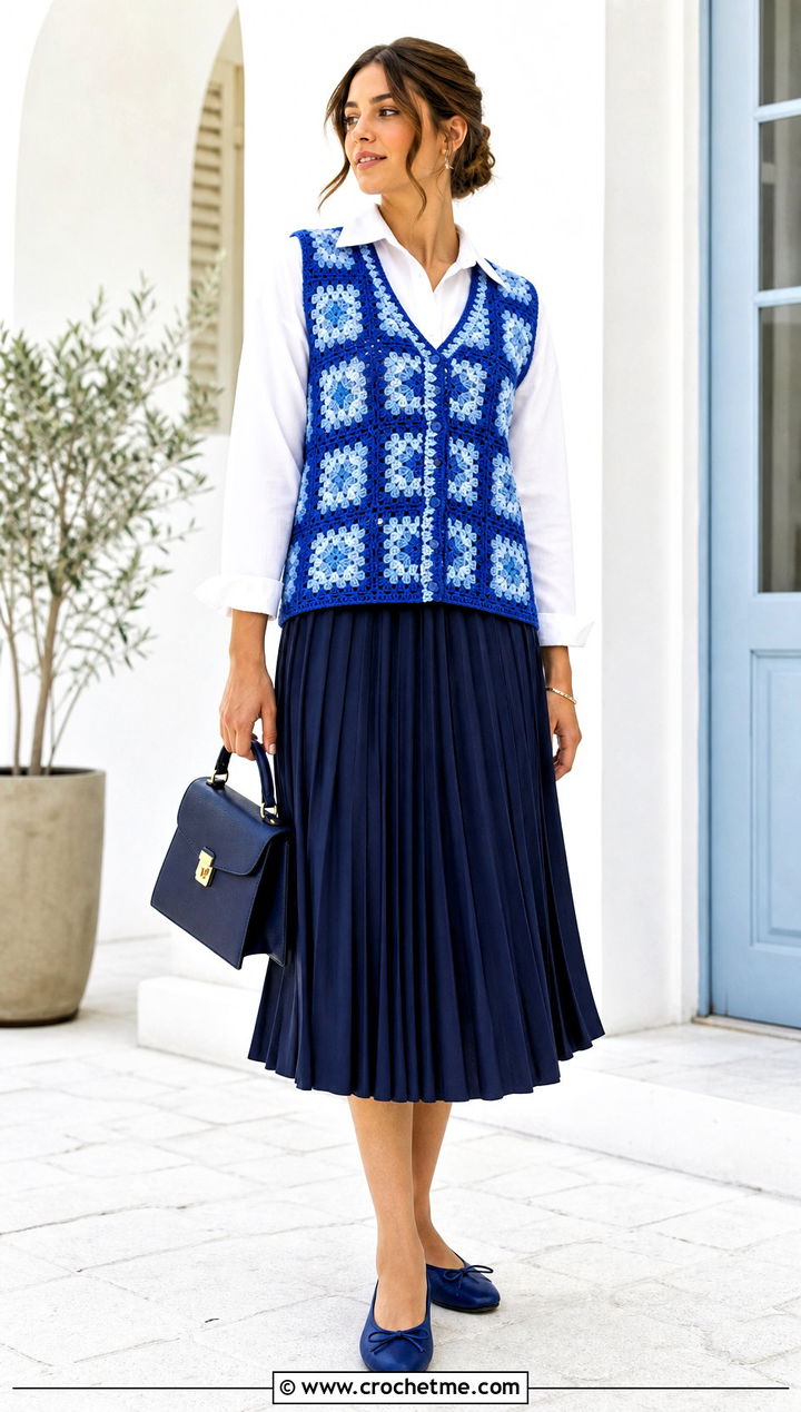 Two Tone Granny Square Vest With Pleated Skirt - 25 Granny Squares Vest outfit ideas