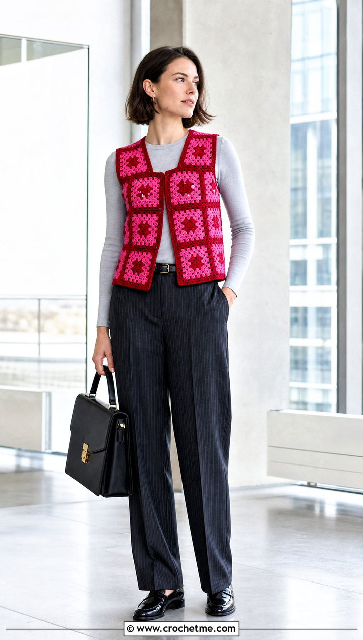 Two Tone Granny Square Waistcoat With Pinstripe Trousers - 25 crochet granny square waistcoat outfit ideas