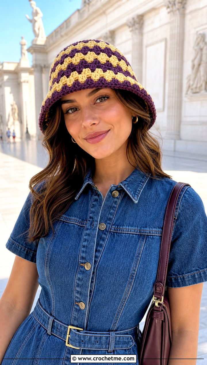 Two Tone Granny Stitch Bucket Hat With Denim Dress And Ballet Flats - 30 crochet granny stitch bucket hat outfit ideas