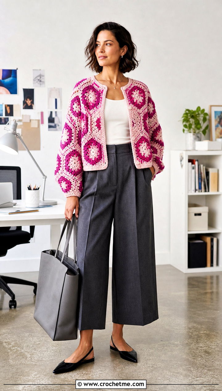 Two Tone Granny Stitch Hexagon Cardigan With Culottes - 35 granny square hexagon cardigan outfit ideas
