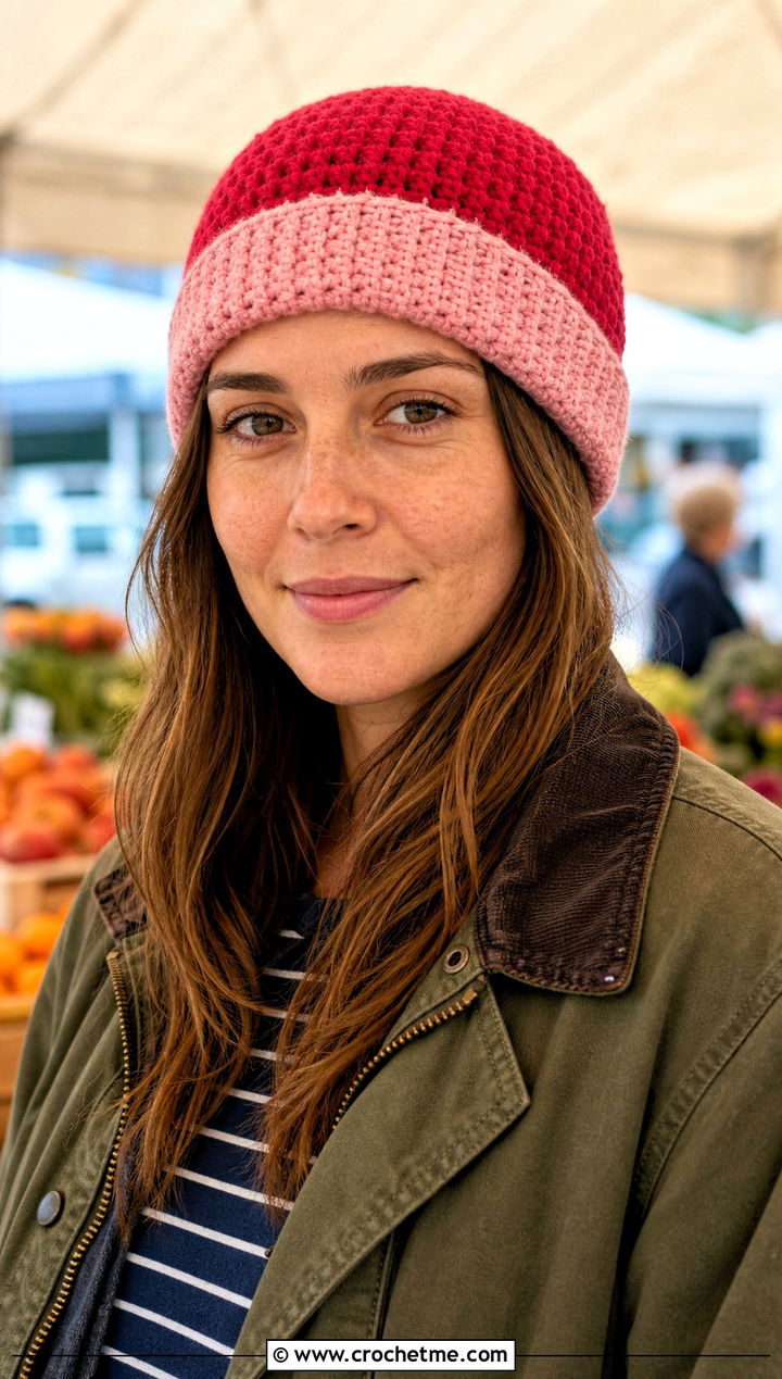 Two Tone HDC Beanie With Barn Jacket And Straight Jeans - 20 hdc crochet hat outfit ideas