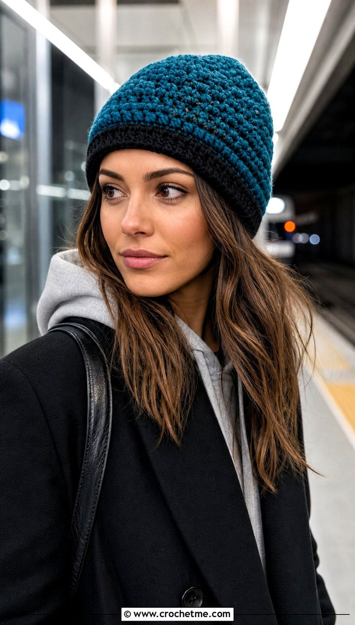 Two Tone HDC Crochet Beanie With Hoodie And Tailored Coat - 20 hdc crochet beanie outfit ideas