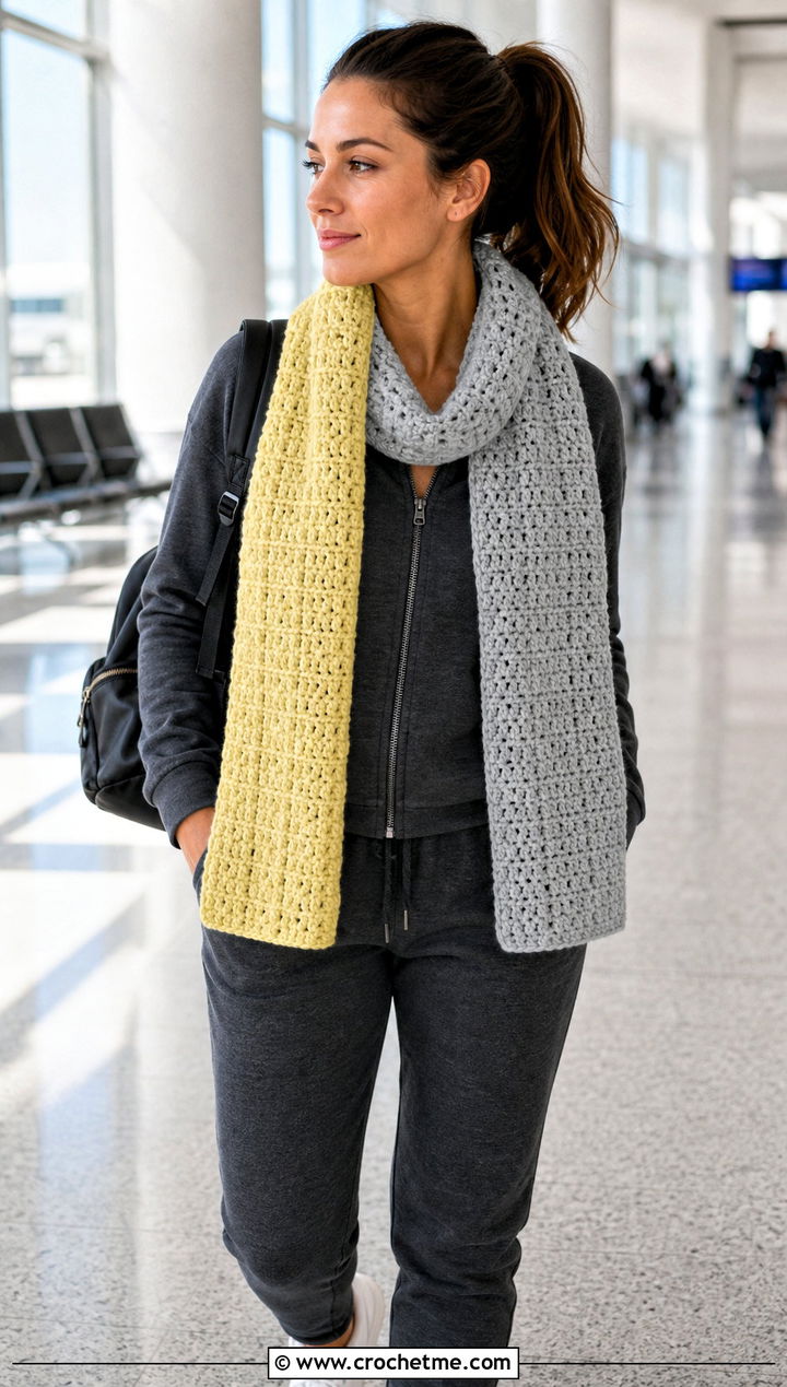 Two Tone HDC Crochet Scarf With Athleisure Set - 20 Hdc Crochet Scarf outfit ideas