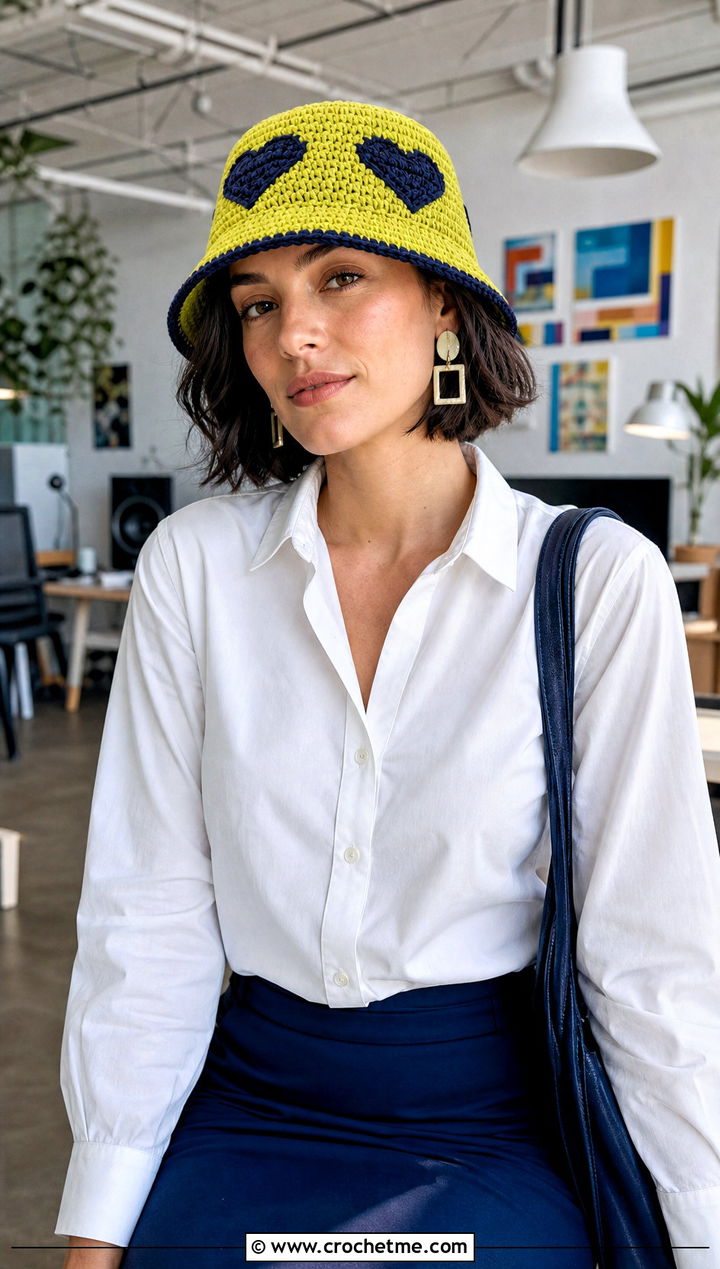 Two Tone Heart Bucket Hat With Shirt And Pencil Skirt - 25 crochet heart bucket hat outfit ideas