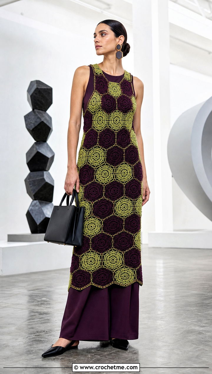 Two Tone Hexagon Crochet Dress Over Wide Leg Trousers - 25 hexagon crochet dress outfit ideas
